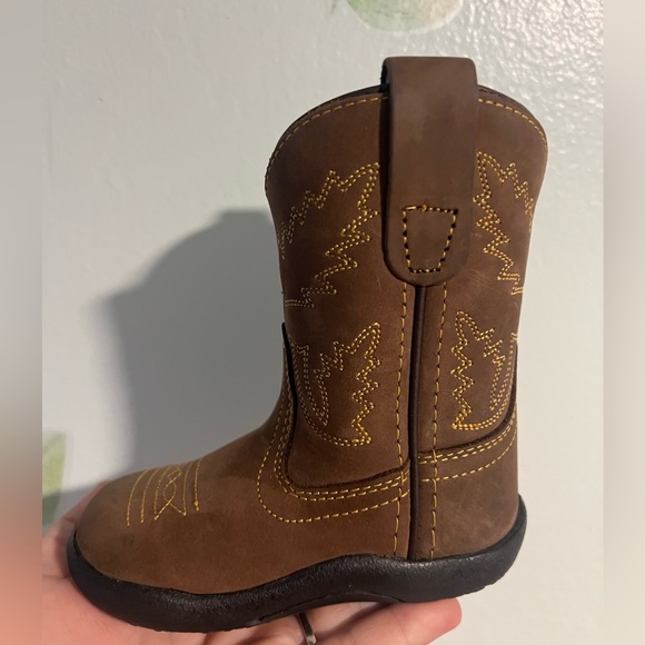 Old West Brown Suede Kids Cowboy Boots with Yellow Stitching - Picture 2 of 3